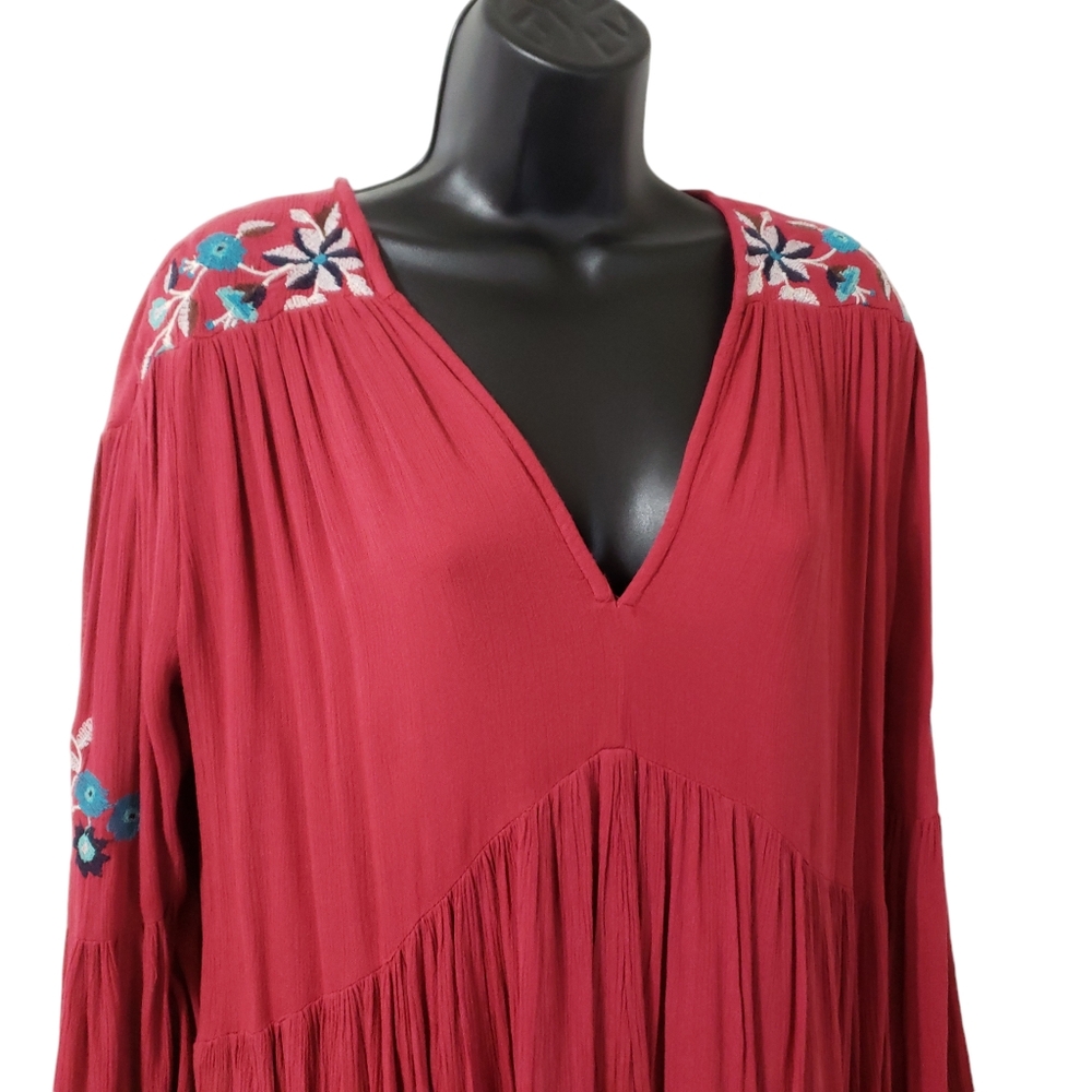 Free People Te Amo Red Floral Embroidered Babydoll Dress XS Boho Peasant Flowy - Picture 3 of 13